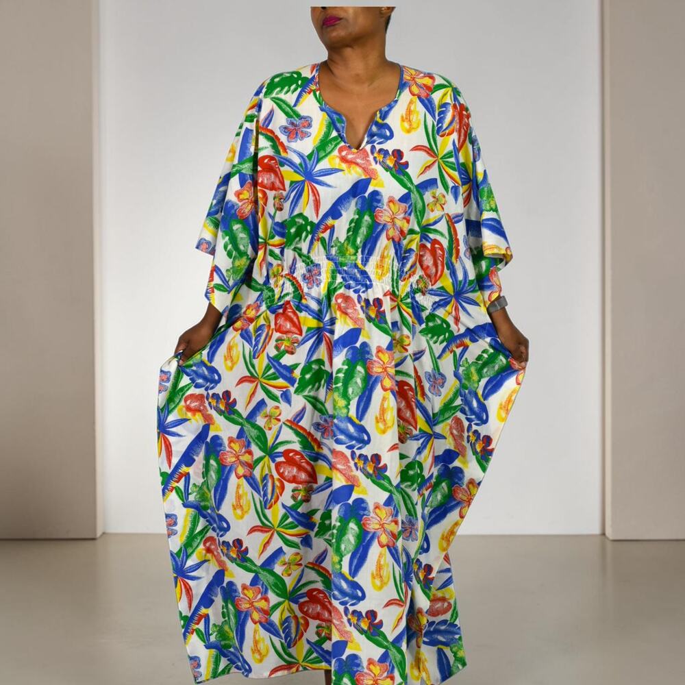 Vintage Carmen Barbados Caftan Green Tropical Floral Dress Maxi Smocked One Size